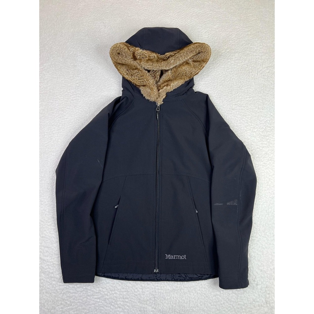 Marmot Jacket Womens Small Black Hooded Softshell Faux Fur Lined Ski Winter